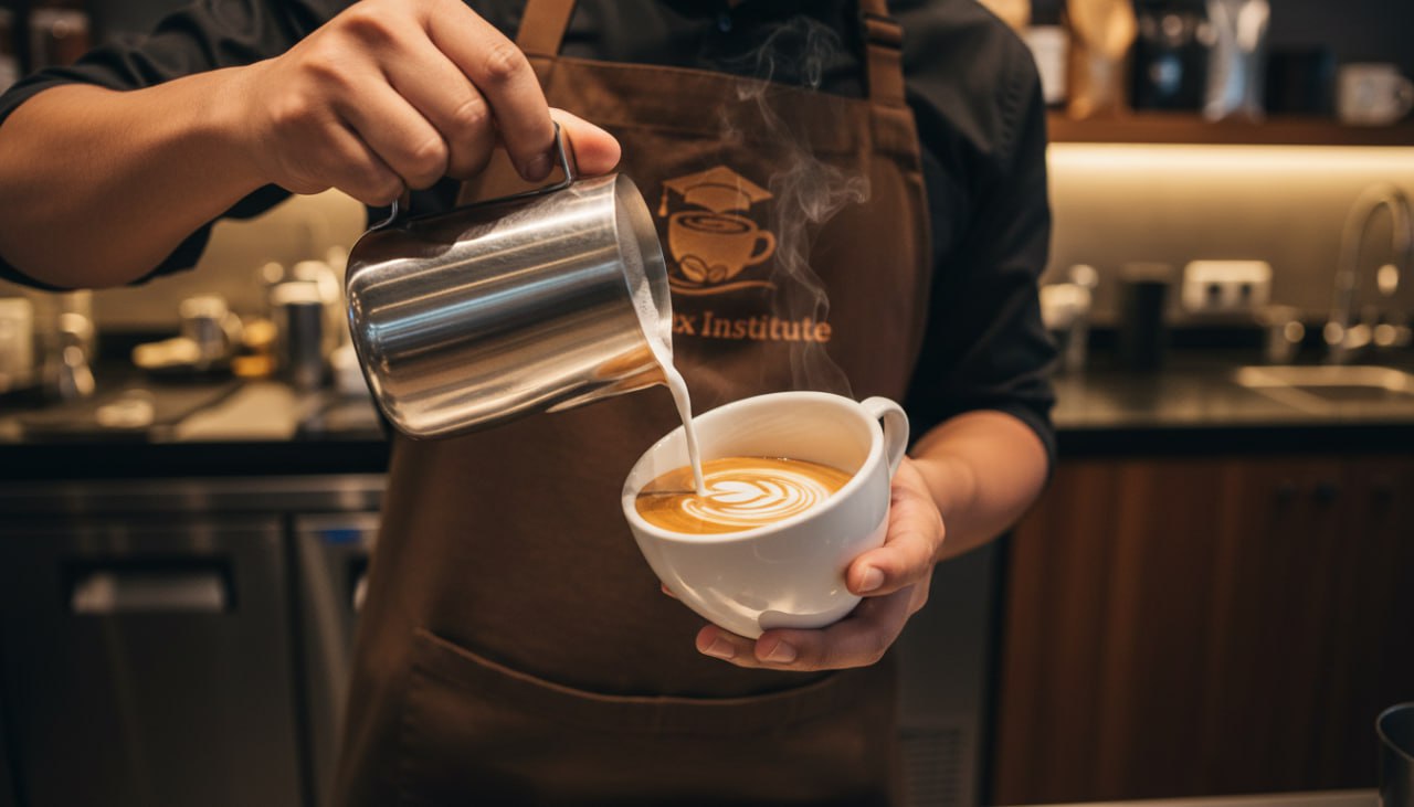 Jex Institute barista trainer pouring latte art into a white cup